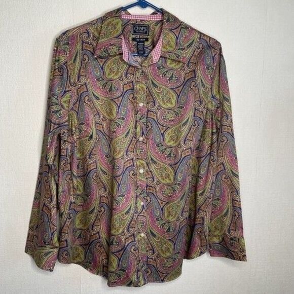 NWOT Chaps Cotton Button Up Career Shirt Women Plus Size 1X Pink/Blue Paisly - Picture 1 of 8